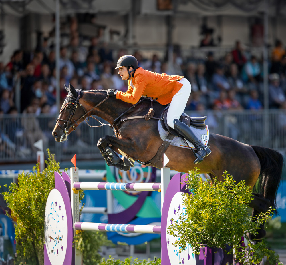 Paard en mens staan achter spullen van Cavalor